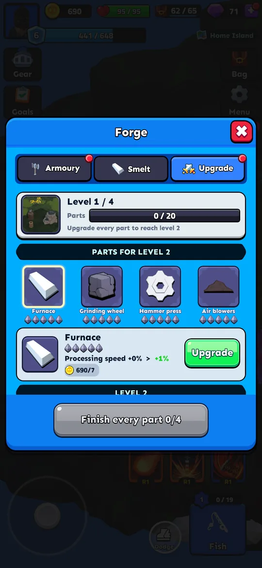 In-game forge screen with individual building upgrades