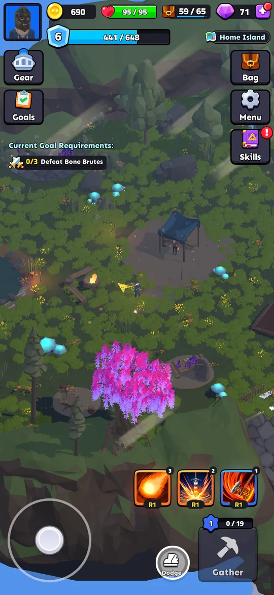 Home Island with the player, goals and movement controls