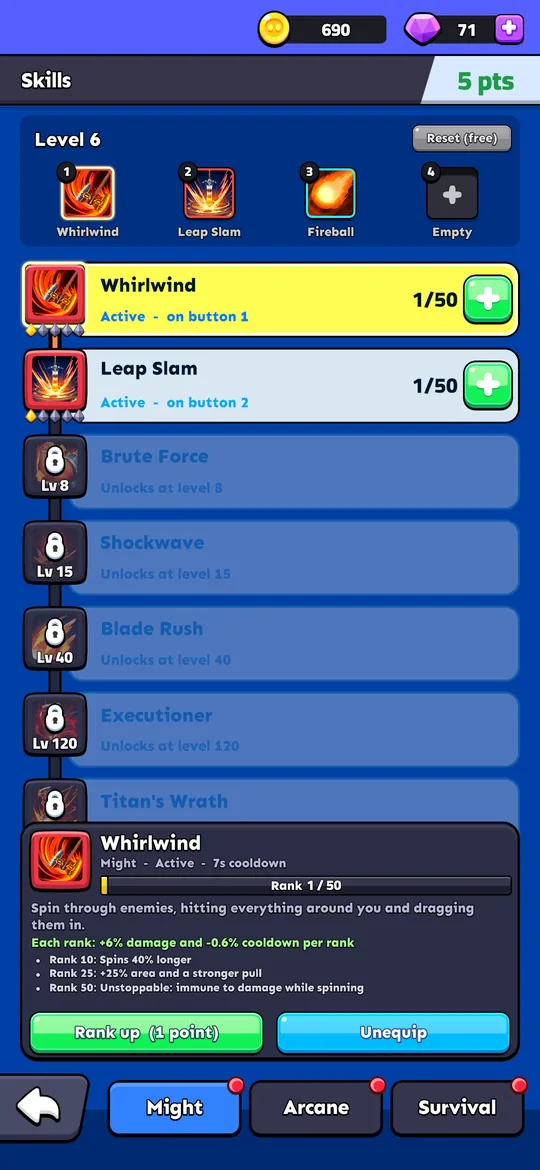 Player skills with Whirlwind, Leap Slam and Fireball